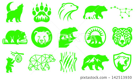 Collection of bear icons and wildlife symbols in a bright stylized green graphic vector format Collection of bear icons and wildlife symbols in a bright stylized green graphic vector format 142513930