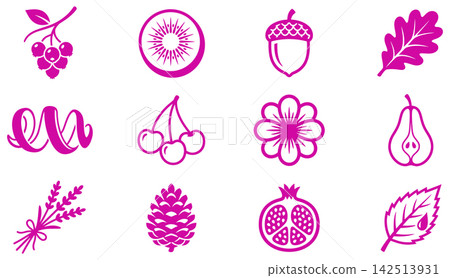 Collection of botanical fruits and leaves vector icons in minimalist line art style for projects Collection of botanical fruits and leaves vector icons in minimalist line art style for projects 142513931