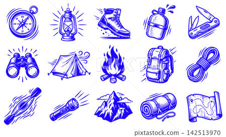 Comprehensive set of outdoor adventure icons featuring essential camping equipment and gear for wilderness exploration trips Comprehensive set of outdoor adventure icons featuring essential camping equipment and gear for wilderness exploration trips 142513970