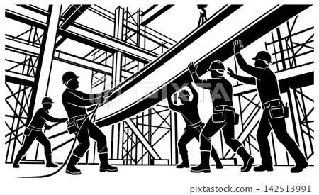 Group of construction workers lifting a heavy steel beam on a building site in silhouette Group of construction workers lifting a heavy steel beam on a building site in silhouette 142513991