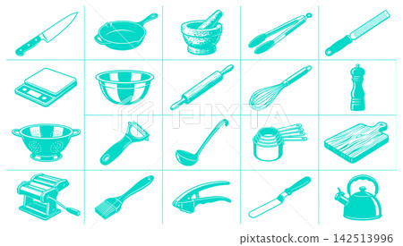 Kitchen utensil icon set featuring cooking tools and preparation equipment for culinary tasks and baking Kitchen utensil icon set featuring cooking tools and preparation equipment for culinary tasks and baking 142513996