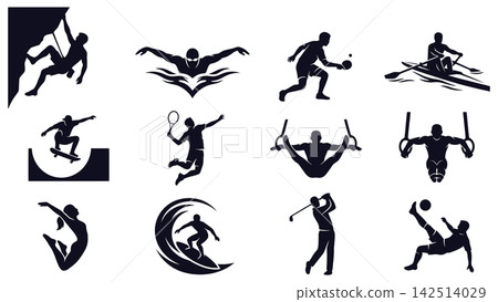 Set of black silhouette vector icons showing various extreme sports and athletic activities in motion Set of black silhouette vector icons showing various extreme sports and athletic activities in motion 142514029