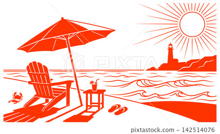 Summer beach scenery with lounge chair and umbrella by the ocean during a sunny day 142514076