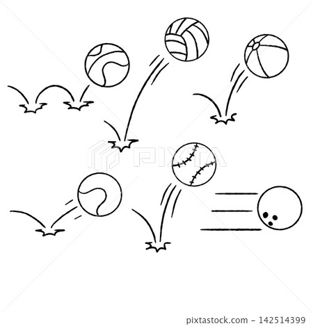 Sport balls bouncing with motion lines. Black and white sketch collection showing basketball volleyball baseball and more in action. Sport balls bouncing with motion lines. Black and white sketch collection showing basketball volleyball baseball and more in action. 142514399