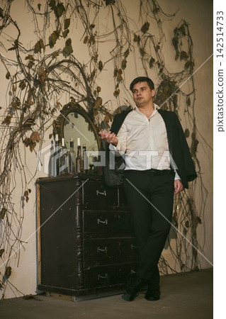 Elegance and nostalgia blend in tranquil twilight scene with bottles 142514733