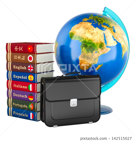Globe with language books and briefcase, multilingual education concept. 3D rendering 142515027