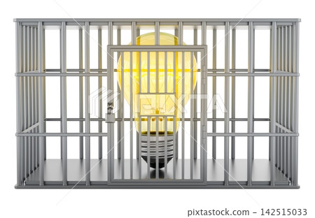 Light bulb locked in metal cage, restricted innovation concept. 3D rendering Light bulb locked in metal cage, restricted innovation concept. 3D rendering 142515033