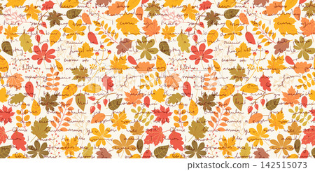 Creative autumn seamless vector pattern with colorful leaves and cursive writing, Vintage fall collage background with handwriting and foliage Creative autumn seamless vector pattern with colorful leaves and cursive writing, Vintage fall collage background with handwriting and foliage 142515073