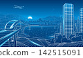 Futuristic smart city with high speed train on elevated railway, modern skyline, airplane, wind turbines, mountains and water. Blue technology vector illustration of sustainable transportation 142515091
