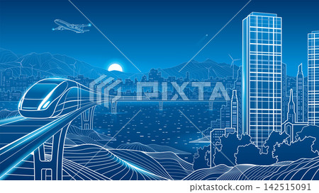 Futuristic smart city with high speed train on elevated railway, modern skyline, airplane, wind turbines, mountains and water. Blue technology vector illustration of sustainable transportation Futuristic smart city with high speed train on elevated railway, modern skyline, airplane, wind turbines, mountains and water. Blue technology vector illustration of sustainable transportation 142515091