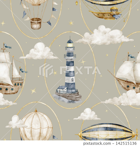 Airship seamless watercolor pattern with lighthouse, ships and balloons on beige background. Celestial repeat with blimp, sailboat and stars for fabric, wallpaper, nursery textiles and wrappings. Airship seamless watercolor pattern with lighthouse, ships and balloons on beige background. Celestial repeat with blimp, sailboat and stars for fabric, wallpaper, nursery textiles and wrappings. 142515136
