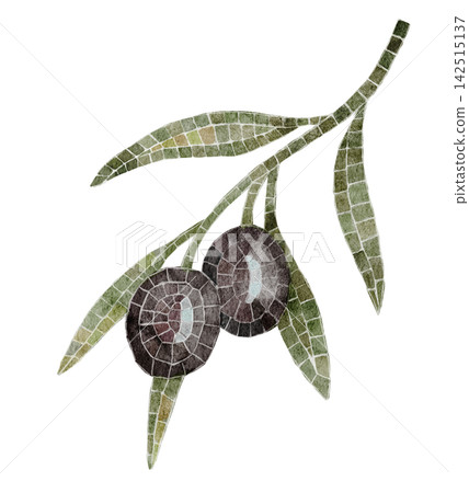 Olive branch watercolor mosaic illustration with dark olives and green leaves isolated on background. Mediterranean decorative clipart for Roman, Greek, antique and botanical designs. Olive branch watercolor mosaic illustration with dark olives and green leaves isolated on background. Mediterranean decorative clipart for Roman, Greek, antique and botanical designs. 142515137