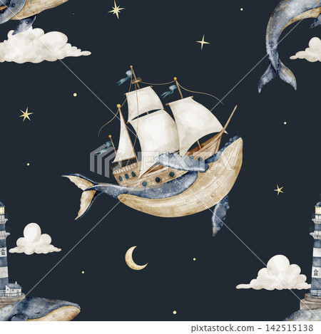 Whale seamless watercolor pattern with sailing ship and lighthouse on dark blue background. Nautical repeat with sailboat, stars and beacon for baby fabric, wallpaper, nursery textiles, wrapping paper 142515138
