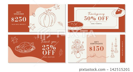 Set of four ThanksgiSet of ving and Friendsgiving vector invitation templates featuring whimsical hand-drawn turkey, pies, pumpkins, flowers, wine and table decor in warm terracotta line art on cream. Set of four ThanksgiSet of ving and Friendsgiving vector invitation templates featuring whimsical hand-drawn turkey, pies, pumpkins, flowers, wine and table decor in warm terracotta line art on cream. 142515201