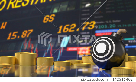 Financial Risk Concept with Bomb and Gold Coins Against Stock Market Charts 3d render. Financial Risk Concept with Bomb and Gold Coins Against Stock Market Charts 3d render. 142515402