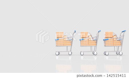 Three Shopping Carts Filled with Packages on a White Background 3d render. Three Shopping Carts Filled with Packages on a White Background 3d render. 142515411