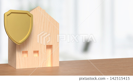 Wooden House with Golden Shield Protection Concept 3d render. Wooden House with Golden Shield Protection Concept 3d render. 142515415