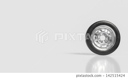 Black Rubber Tire with Shiny Silver Rim on Light Background 3d render. Black Rubber Tire with Shiny Silver Rim on Light Background 3d render. 142515424