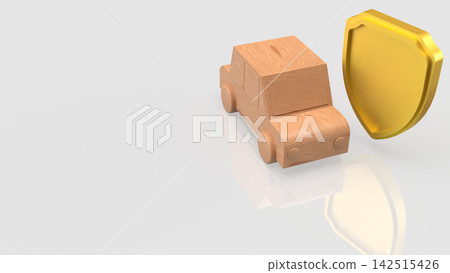 Wooden Toy Car Protected by Golden Shield 3d render. Wooden Toy Car Protected by Golden Shield 3d render. 142515426