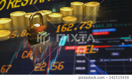 Golden Padlock Protecting Financial Investments 3d render. Golden Padlock Protecting Financial Investments 3d render. 142515430