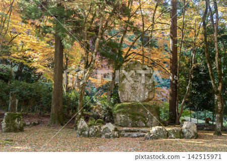 A stone monument surrounded by autumn leaves 142515971