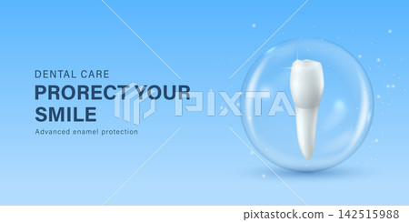 Dental Care Banner Vector Illustration. Dental Care Banner Template. Dental Care Tooth Protection Concept with Tooth in Bubble for Dentist Clinic, Oral Health, Smile Care, Medical Advertising Design Dental Care Banner Vector Illustration. Dental Care Banner Template. Dental Care Tooth Protection Concept with Tooth in Bubble for Dentist Clinic, Oral Health, Smile Care, Medical Advertising Design 142515988