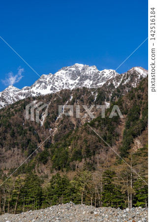 Kamikochi, looking up at Mt. Maehotaka from the left bank of the Azusa River; climbing Mt. Kitahotaka in the Northern Alps during the early summer snow season. Kamikochi, looking up at Mt. Maehotaka from the left bank of the Azusa River; climbing Mt. Kitahotaka in the Northern Alps during the early summer snow season. 142516184