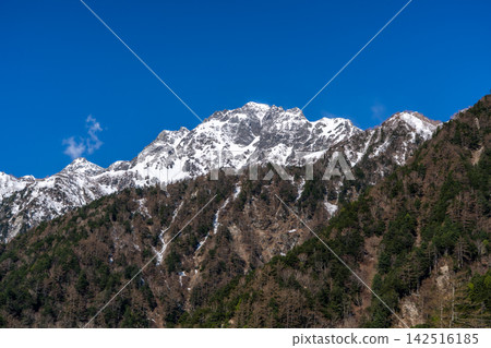 Kamikochi, looking up at Mt. Maehotaka from the left bank of the Azusa River; climbing Mt. Kitahotaka in the Northern Alps during the early summer snow season. Kamikochi, looking up at Mt. Maehotaka from the left bank of the Azusa River; climbing Mt. Kitahotaka in the Northern Alps during the early summer snow season. 142516185