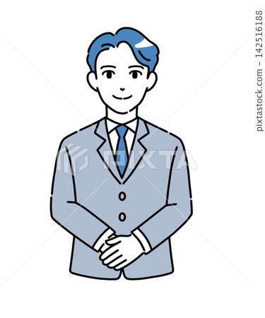 Illustration of a man in a suit bowing with his hands clasped - Blue 1 Illustration of a man in a suit bowing with his hands clasped - Blue 1 142516188