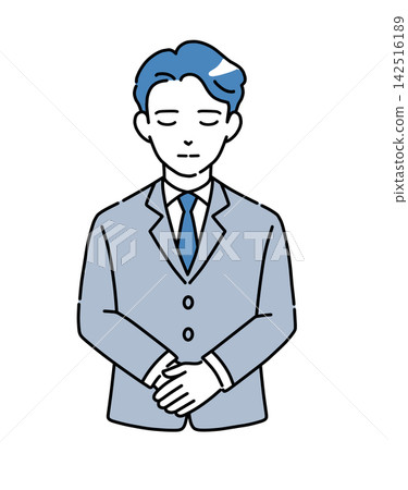 Illustration of a man in a suit bowing with his hands clasped - Blue 2 Illustration of a man in a suit bowing with his hands clasped - Blue 2 142516189
