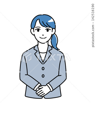 Illustration of a woman in a suit bowing with her hands clasped - Blue 1 Illustration of a woman in a suit bowing with her hands clasped - Blue 1 142516190