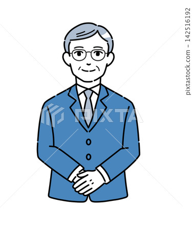 Illustration of a senior man in a suit bowing with his hands clasped - Blue 1 Illustration of a senior man in a suit bowing with his hands clasped - Blue 1 142516192