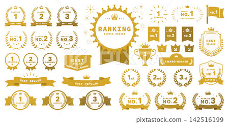 Ranking Design Set: Gold Crown, Laurel Wreath, Ribbon Decorated Icon Material Ranking Design Set: Gold Crown, Laurel Wreath, Ribbon Decorated Icon Material 142516199