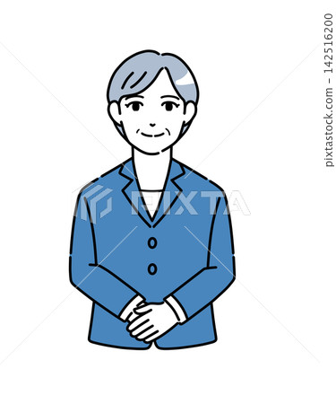Illustration of a senior woman in a suit bowing with her hands clasped - Blue 1 Illustration of a senior woman in a suit bowing with her hands clasped - Blue 1 142516200