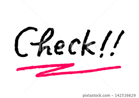 手寫的“Check!!”字樣和粉紅色下劃線強調了確認、正確答案、批准和OK的流行和隨意的信息。 手寫的“Check!!”字樣和粉紅色下劃線強調了確認、正確答案、批准和OK的流行和隨意的信息。 142516629
