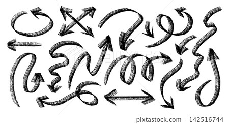 Grunge charcoal arrow vector set in black and white. Hand drawn icon collection with brush texture and sketchy lines. Ideal for web graphic design. Perfect for handwritten poster or background. Grunge charcoal arrow vector set in black and white. Hand drawn icon collection with brush texture and sketchy lines. Ideal for web graphic design. Perfect for handwritten poster or background. 142516744