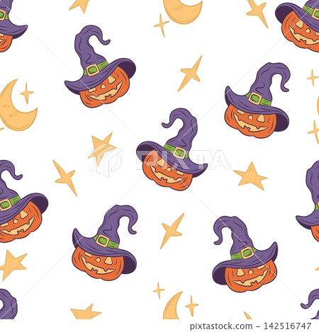 Seamless vector pattern of Halloween pumpkins in witch hats Seamless vector pattern of Halloween pumpkins in witch hats 142516747