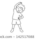 A line drawing illustration of a boy stretching his side. 142517088