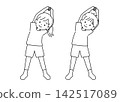 A line drawing illustration of a girl and a boy stretching their arms. 142517089