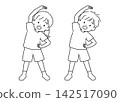 A line drawing illustration of a girl and a boy stretching their sides. 142517090