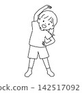 A line drawing illustration of a girl stretching her side. 142517092