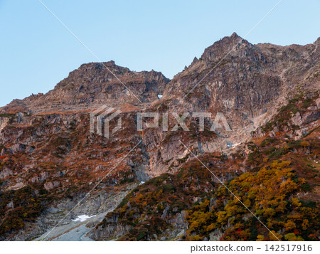 九月下旬清晨的陽光灑在奧穗高山的崎嶇岩壁和陡峭山頂上,並被阿爾卑斯山的霞光照亮。 九月下旬清晨的陽光灑在奧穗高山的崎嶇岩壁和陡峭山頂上,並被阿爾卑斯山的霞光照亮。 142517916