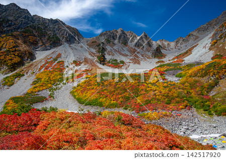 In late September, under a clear blue sky, the Karasawa cirque is adorned with vibrant autumn foliage, as are Mount Karasawa and the Hotaka Mountain Hut. In late September, under a clear blue sky, the Karasawa cirque is adorned with vibrant autumn foliage, as are Mount Karasawa and the Hotaka Mountain Hut. 142517920