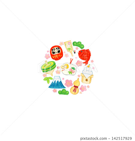 以吉祥符號為主題的羊年（2027 年）新年賀卡設計，圖案呈現圓形排列。 142517929