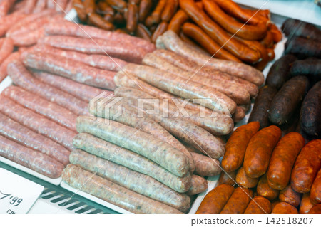 Chorizo, morcilla, butifarra and chistorra sausages for sale in showcase Chorizo, morcilla, butifarra and chistorra sausages for sale in showcase 142518207