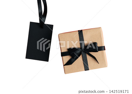 Black Friday. Beautifully wrapped gift box with black ribbon sits elegantly, PNG Black Friday. Beautifully wrapped gift box with black ribbon sits elegantly, PNG 142519171