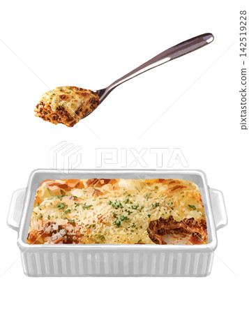 Lasagna (cross-section view, with spoon) heat-resistant dish, white. Lasagna (cross-section view, with spoon) heat-resistant dish, white. 142519228
