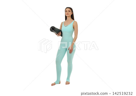 Yoga session with a woman standing and holding a mat, PNG Yoga session with a woman standing and holding a mat, PNG 142519232