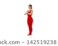 Yoga pose by a woman in a red outfit standing still, PNG 142519238