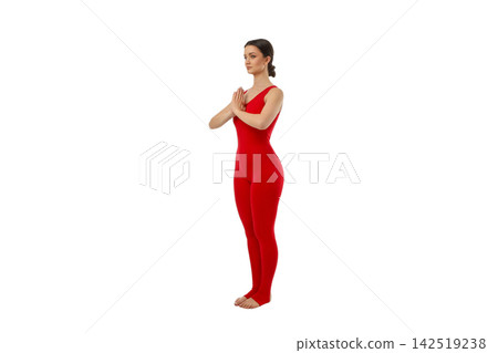 Yoga pose by a woman in a red outfit standing still, PNG Yoga pose by a woman in a red outfit standing still, PNG 142519238